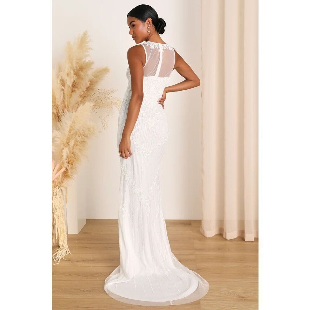 Lulus Modern Fairytale White Mesh Beaded Sequin Mermaid Wedding Dress